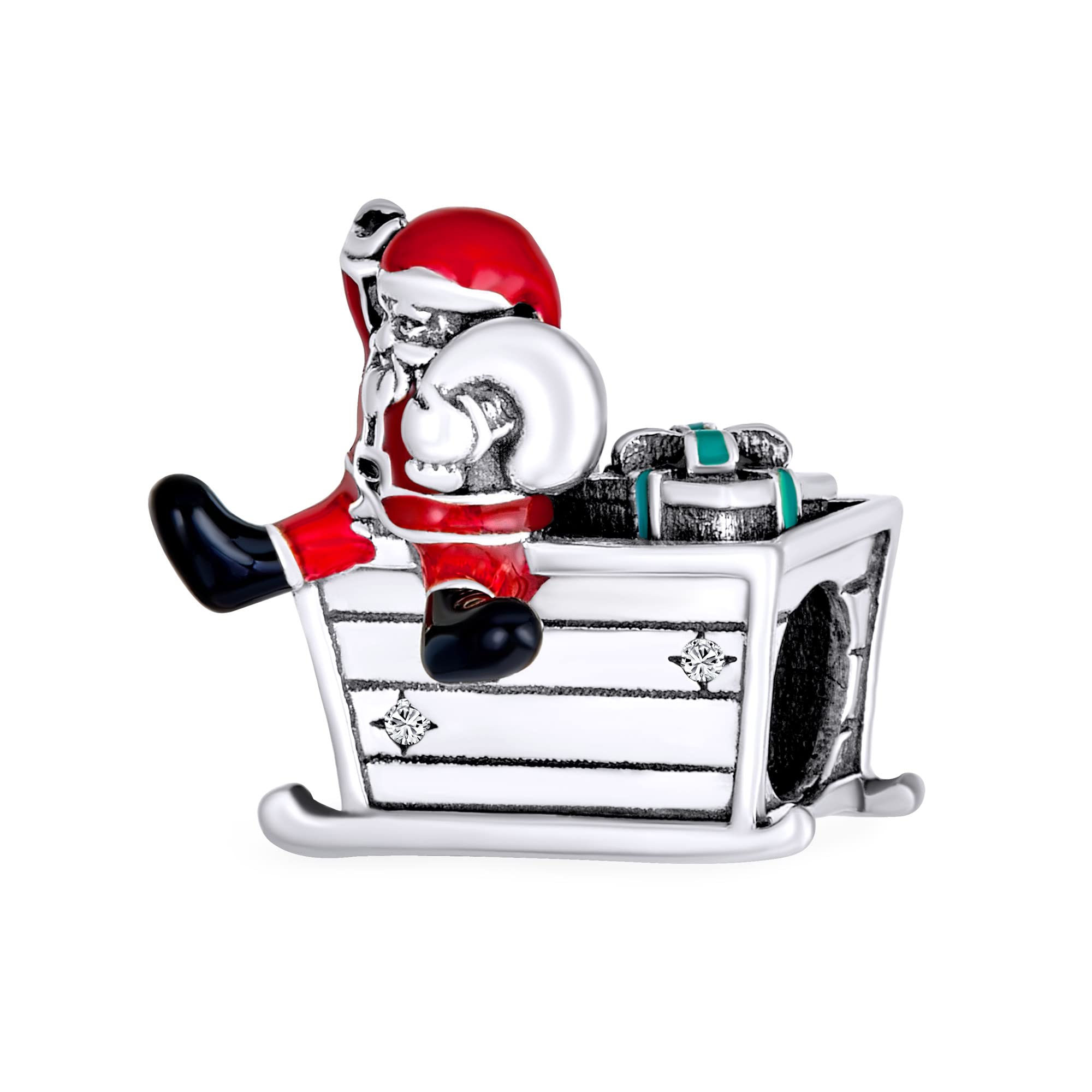

Holiday Christmas Red Hat Santa Claus and Sleigh Charm Beads for Women Teens Oxidized Sterling Silver European [Bling Jewelry] Winter .925 Bracelet