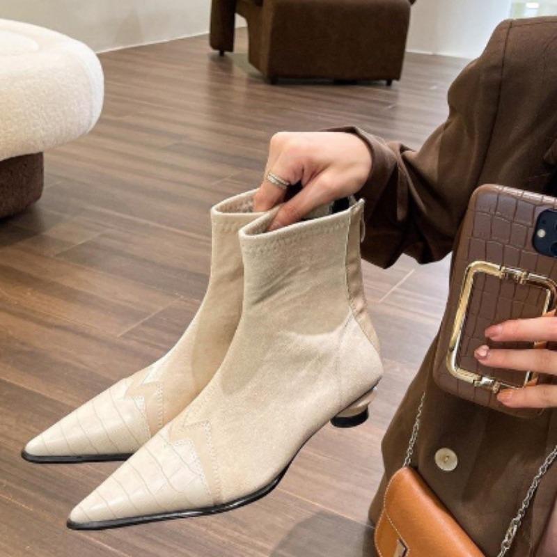 2024 Primavera Outono Botas Femininas de Cano Curto Moda Bico Fino Botas Curtas Senhoras Elegantes Sapatos de Salto Baixo Inverno Bombas Femininas