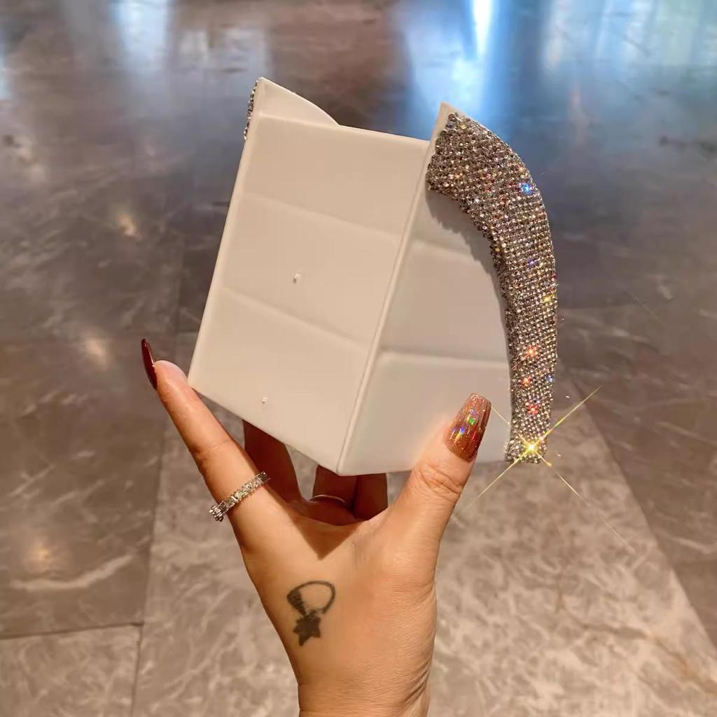 Luxury Makeup Brush & Remote Control Storage Box with Diamond Accents - Elegant Divided Organizer for Desktop or Office Use.