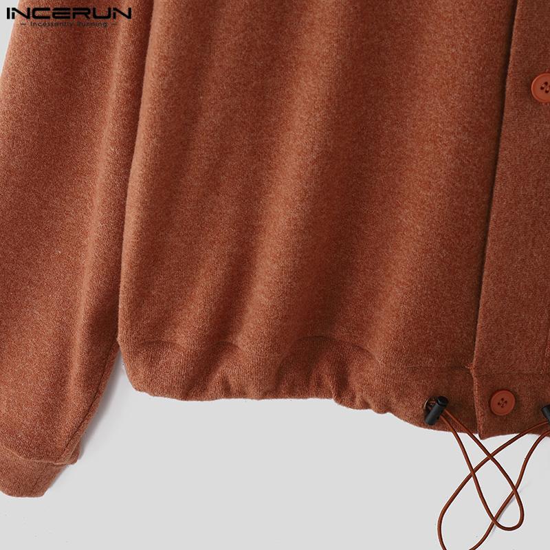 INCERUN Oversized Men V Neck Long Sleeve Buttons Up Drawstring Knit Cardigan Tops