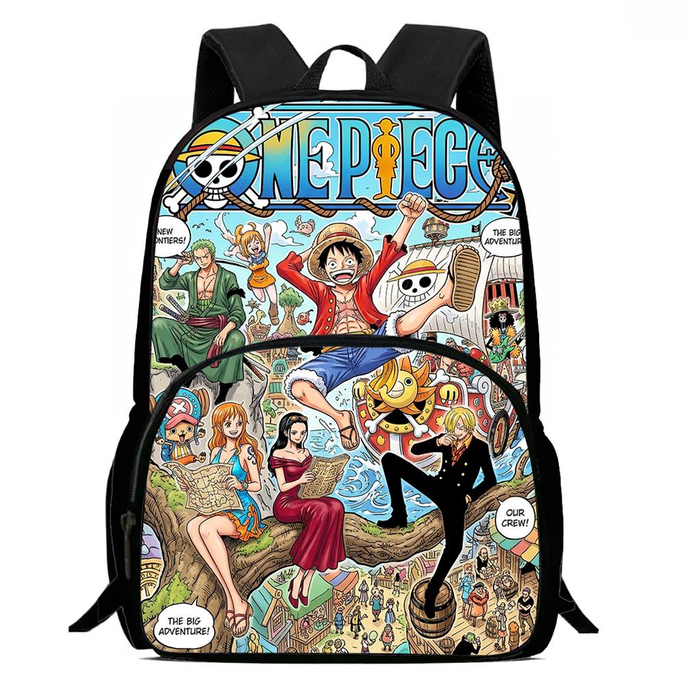 15 Inch Cartoon One Piece Backpack with Front Pocket, Light Weight Unisex School Backpack for Boys Girls Age 6-10 Travel Daypack