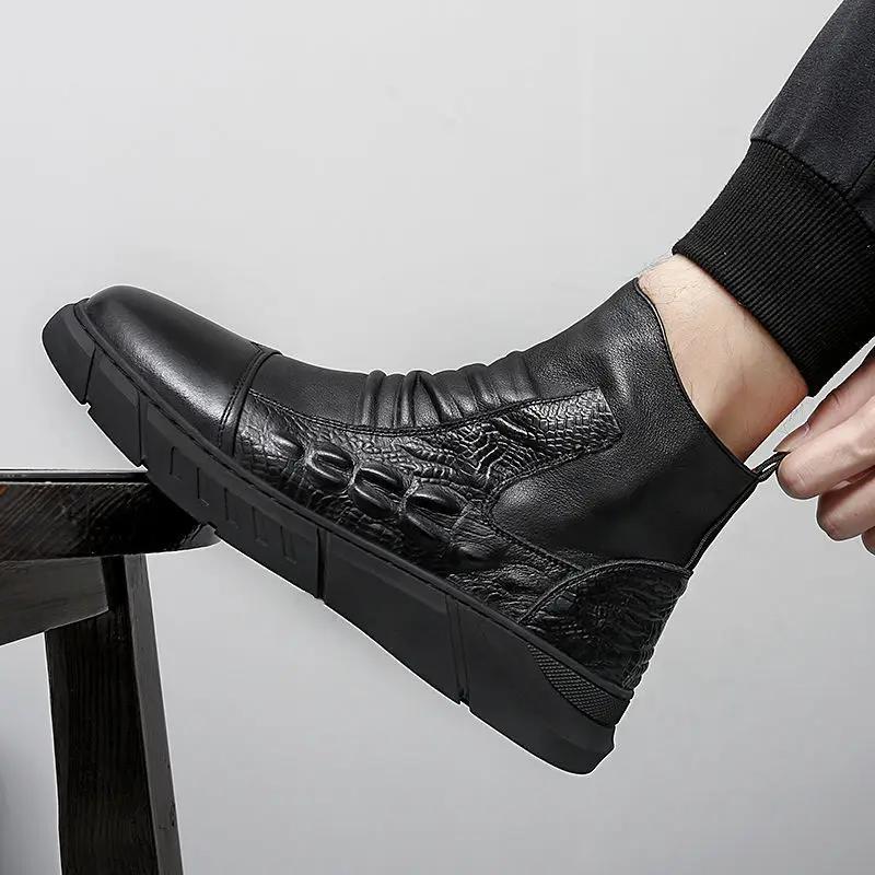 Popular Autumn Winter Mens Ankle Boots Leather Waterproof Casual Leather Shoes Fashion Motorcycle Boot Non-slip Zipper Men Shoes