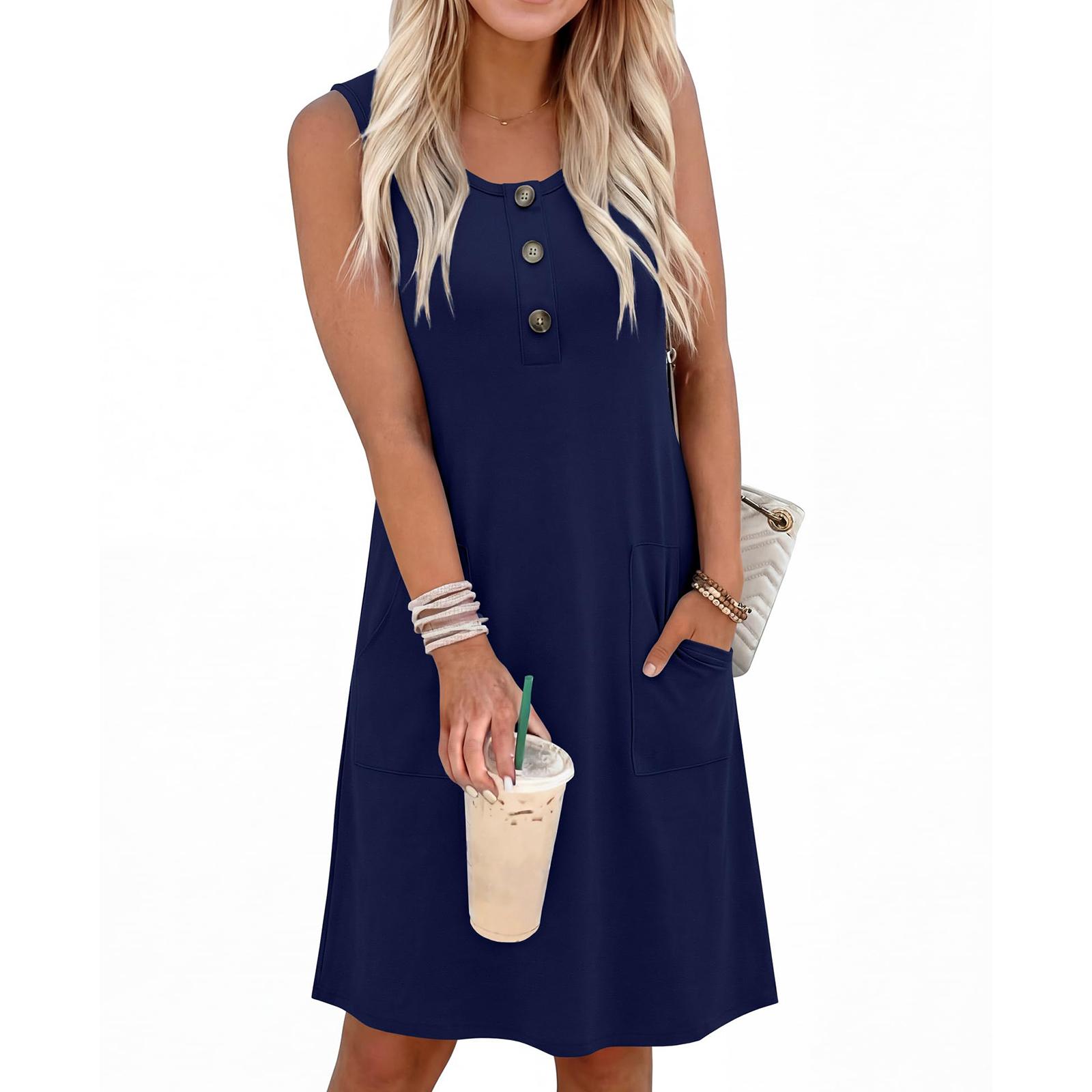 

Sleeveless Button Front Casual Dress with Pockets Relaxed Fit Round Neck Soft Fabric Simple Design for Everyday Wear XL Темно-синій