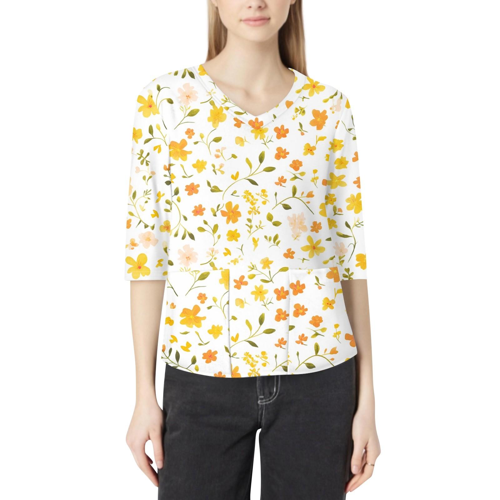 

Модная женская рабочая одежда с v-образным вырезом и рукавами 3/4, свободные топы с карманами и принтом XL жёлтый