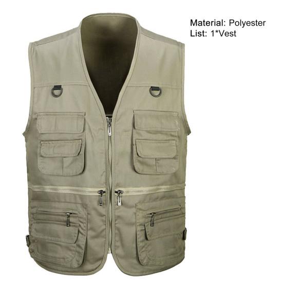 Men Waistcoat Solid Color Multi Pockets Zipper Sleeveless Spring Vest for Fishing