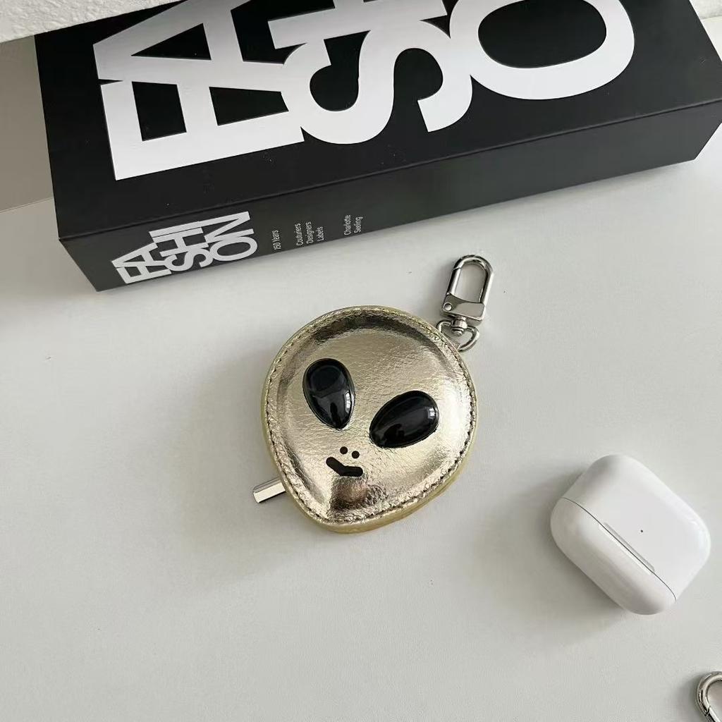 Alien Head Top Layer Cowhide Leather Bag Charm Earphone Key Storage Pouch Fashionable Accessory for Organizing Small Items