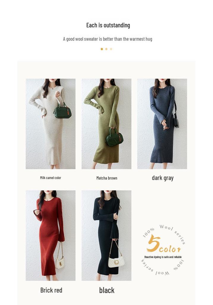 Elegant Women's Round Neck Slim Fit Wool Knit Dress