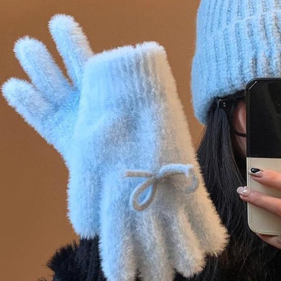 Women Fuzzy Thermal Gloves Fluffy Winter Thick Full Finger Gloves with Bows Solid Color Cute Warm Plush Gloves for Girls Cycling Daily Errands