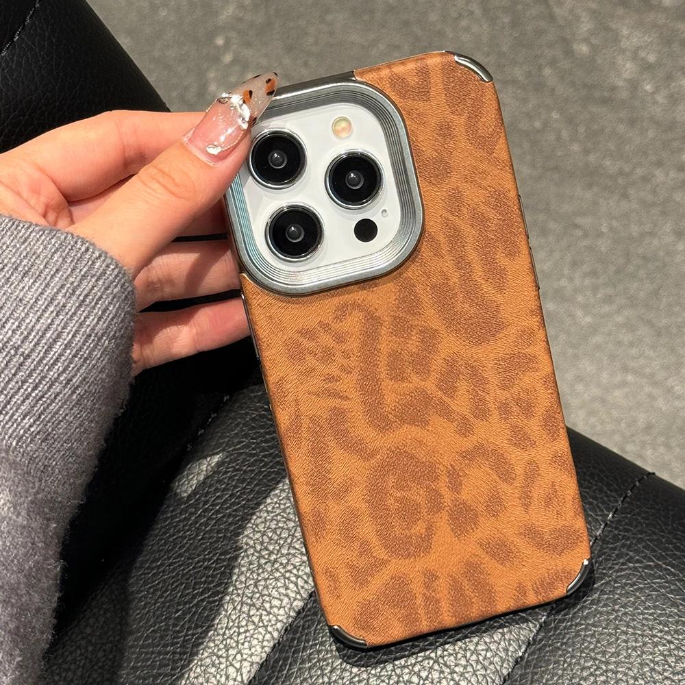 Titanium Gray Leopard Print Pattern Leather Phone Case for iPhone 16 15 14 13 12 11 Pro Max Full Shockproof Hard Bumper Cover