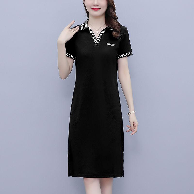 Summer Dress for Women V-Neck Short Sleeve Midi Dress with Elegant Collar and Loose Fit