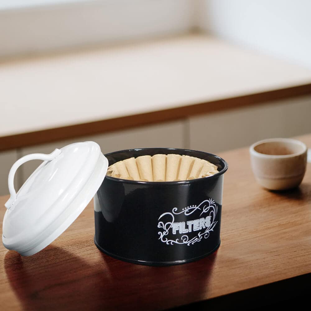 SOTECH Coffee Filter Holder Storage, Rustic Style Black Coffee Filter Holder, Round Coffee Filter Dispenser for Countertop or Room Decor