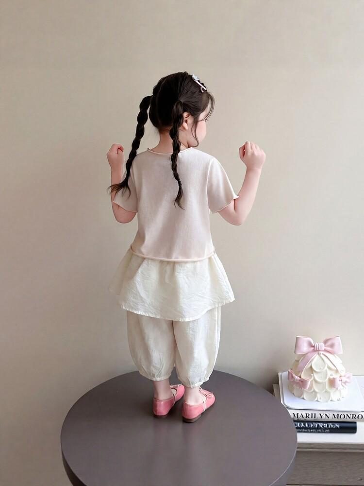 Girls' Cat Print Short Sleeve Top & Mesh Lantern Pants Two-Piece Summer Set