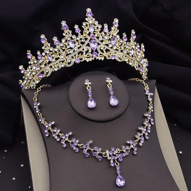 Luxus Silber Farben Veilchen Kristall Braut Schmuck Sets für Frauen Gold Farbe Tiaras Krone Braut Halskette Ohrringe Hochzeit Sets