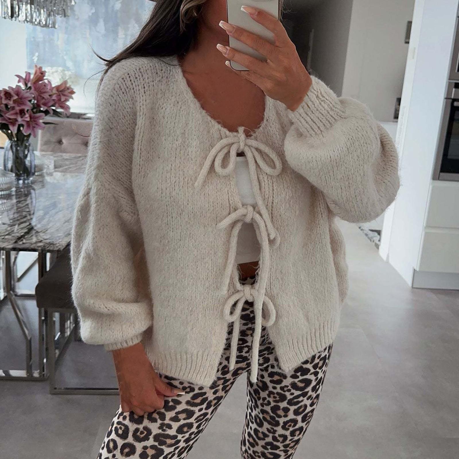 

Женский кардиган с круглым вырезом и длинными рукавами, на шнуровке, приталенный L бежевый