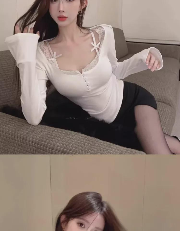 Sexy Lace Slim Fit Two-Piece Style Long-Sleeve T-Shirt: This Year's Trendy Must-Have