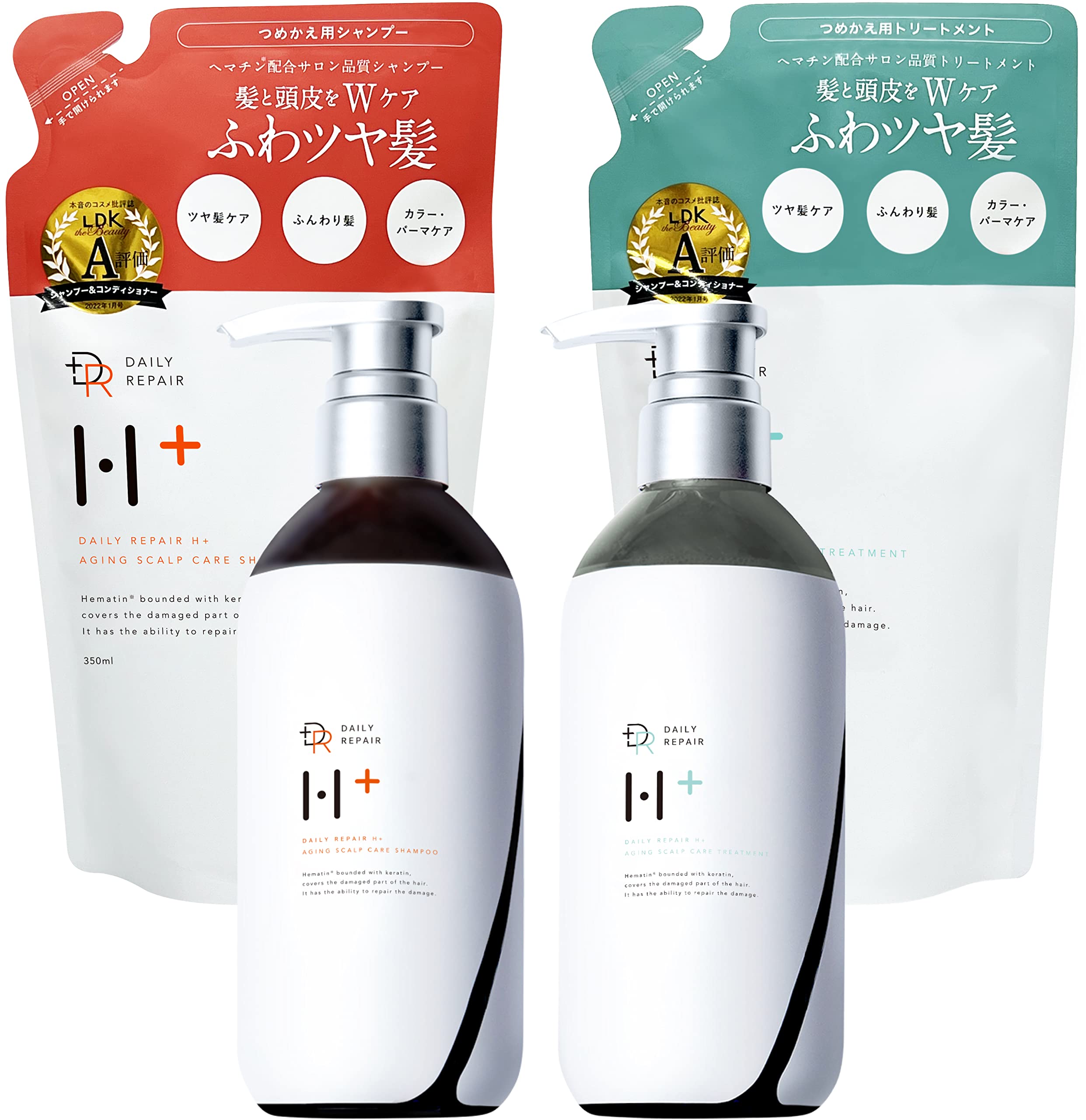 

DRH+ Ежедневный восстанавливающий шампунь для кожи головы (400мл) & Уход (390г) [Гематин Уход за стареющей кожей Восстановление повреждений] (Набор из 4 предметов: бутылка и сменный блок)