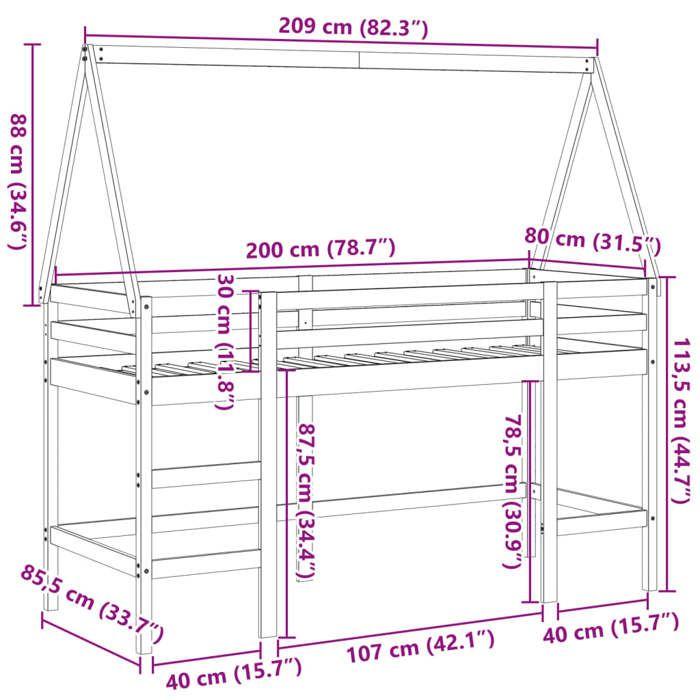 VidaXL Bunk Bed with Ladder and Roof 80x200 Cm Solid Pine Wood, Mid Sleeper, Loft Bed with Ladder, Bed 3282112