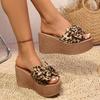 Women's Wedge Slippers Leopard Print Bow Tie Waterproof Platform  Slippers Outdoor Leisure Large Size Summer Zapatillas De Mujer