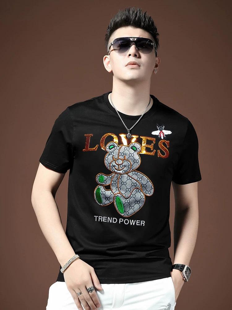 European Station High-End Embroidery Bear Ice Silk Short Sleeve T-shirt Male Fashion Brand Trend 2025 Summer New Arrival Men's Elbow-Sleeved Top