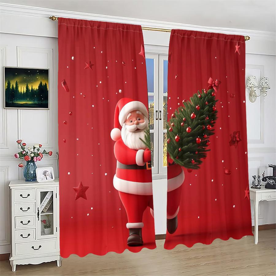 2pcs- Christmas Santa Claus Christmas Tree Pattern Printed Curtains   Christmas Decorations   Home Decorations   Room Decorations