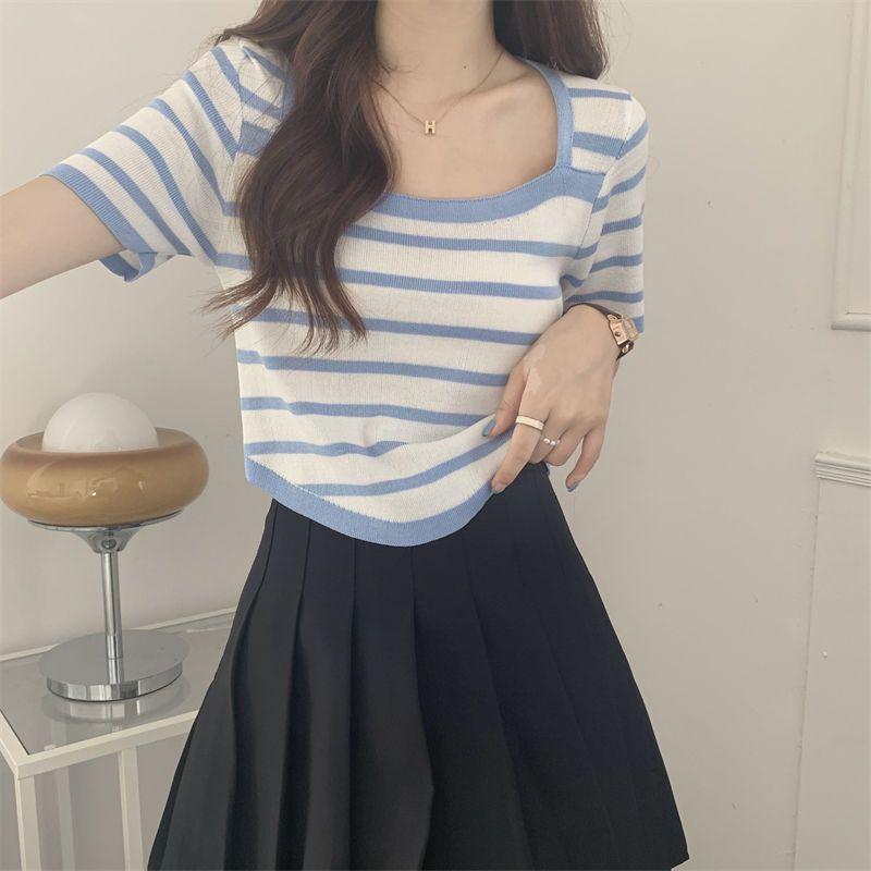 

Летняя шикарная полосатая футболка с короткими рукавами для женщин с квадратным вырезом контрастного цвета, облегающая футболка, универсальный короткий стиль, трикотажная верхняя одежда L