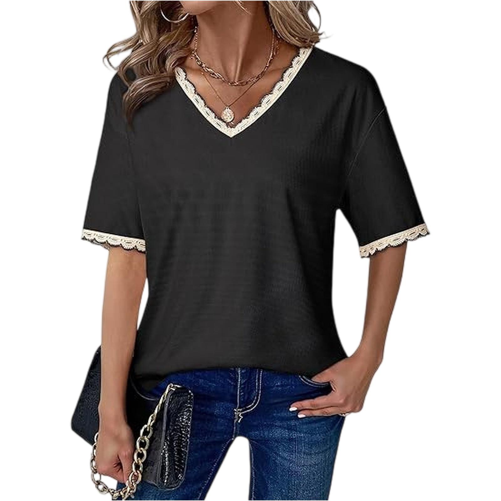 

Women s Color Lace V,Neck Loose T,shirt Short Sleeve Top L чорний