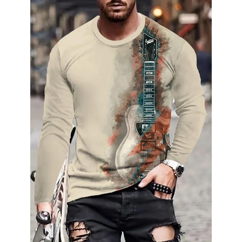 

Spring and Autumn Round Neck Guitar Graphic 3D Printed Top Fashionable Casual Long Sleeved Men s T-shirts S