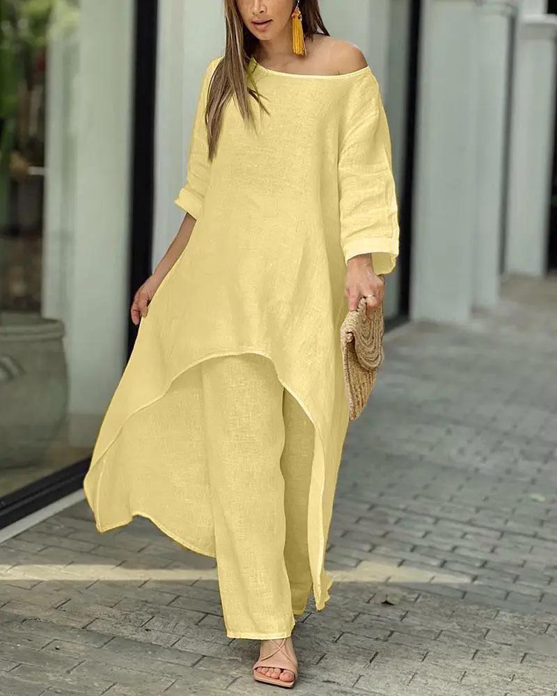 European Women's Cotton Linen Casual Plus Size Irregular Long Sleeve Top and Wide-Leg Pants Set