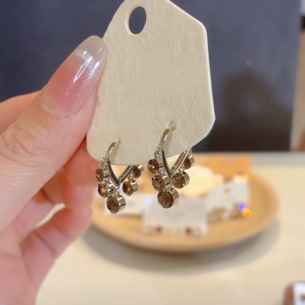 French Coffee Gold Rhinestone Clip-On Dangle Earrings: Elegant, Versatile, High-End Women s Accessory.
