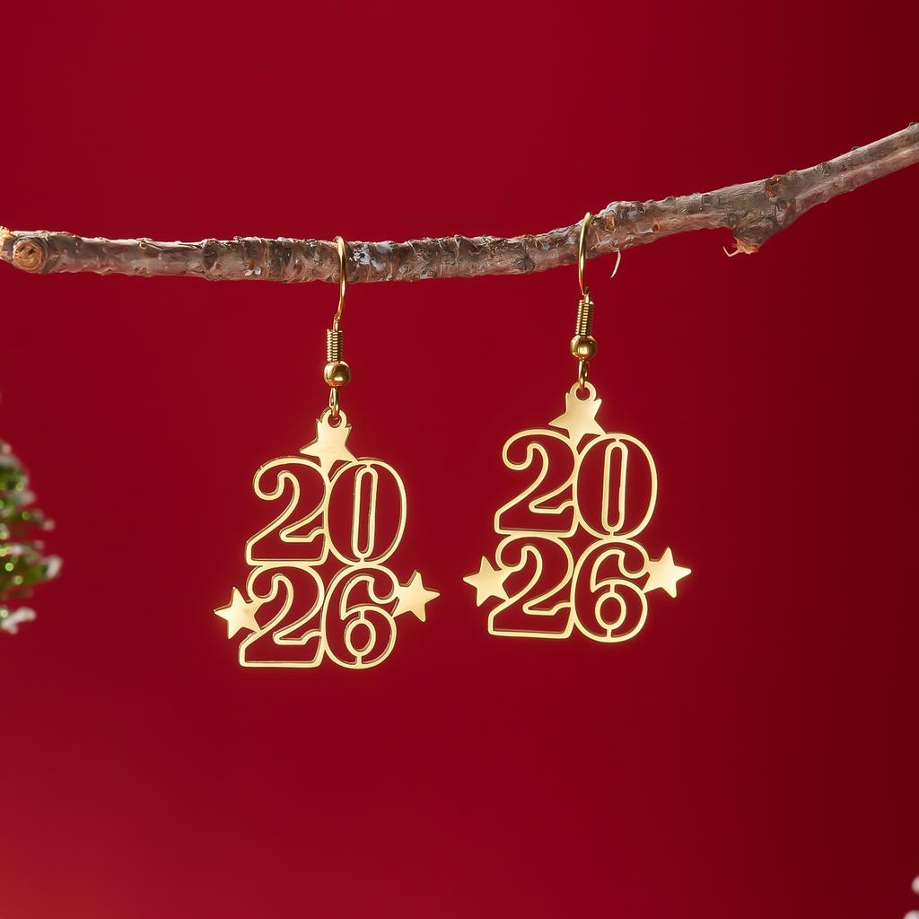 Stainless Steel Number 2026 Pendant Drop Earrings for Women Minimalist Gold Color Geometric Earring New Year Jewelry Gifts