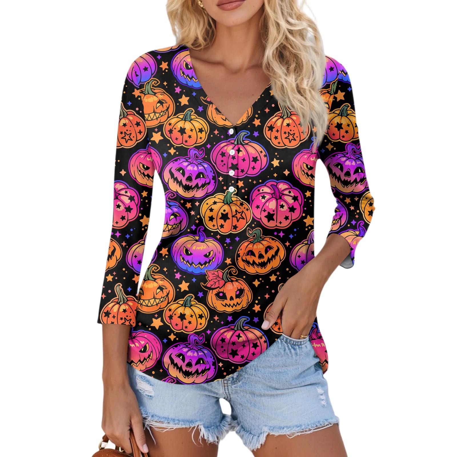 

Женский Повседневный Модный Сексуальный Удобный Топ с V-образным вырезом и рукавом семь восьмых на Хэллоуин XXL