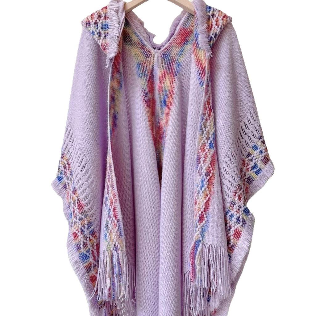 Ethnic Style Hooded Tassel Shawl Cloak – Women's Warm Knitted Cape, 2025 Collection.