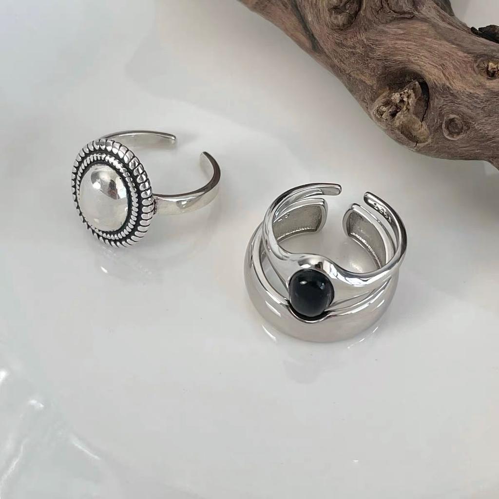 BF CLUB 925 Rings for Women Black Stone Fashion Geometric Vintage Handmade Irregular Ring Party Gifts
