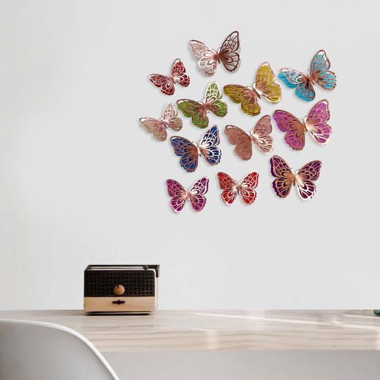 6 Pcs 3D Butterfly Wall Stickers Double-Layer Wing Butterfly Wall Art Glitter Sequined Removable Hollow Mural Decals for Birthday Cake Decoration