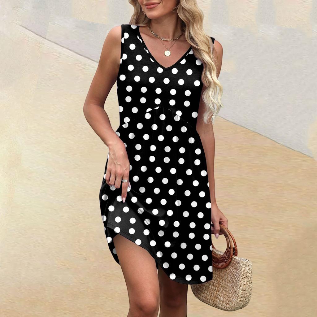 Women's Summer V-neck Casual Beach Vacation Style Vintage Print Sleeveless Splicing Dresses