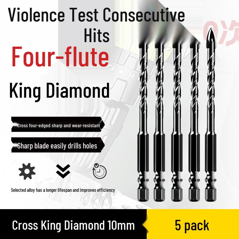 Impact Hex Shank Four-Blade Cross King Drill Bit for Concrete, Tile, and Glass