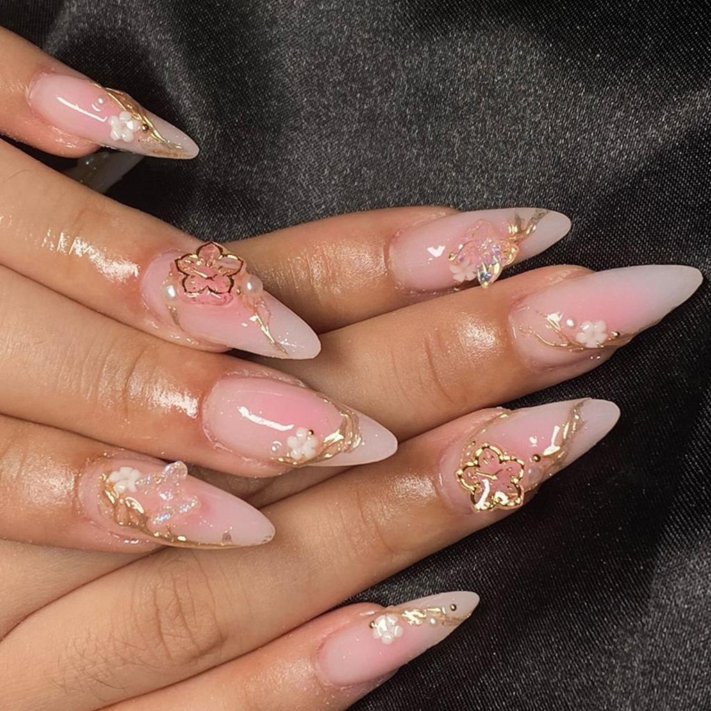 24Pcs Press on Nail Short Colorful 3D Flower Almond False Nail Stick on Nail False Nail Manicure Decoration 24Pcs