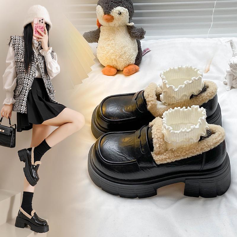 TUINANLE Winter New Plush Lined Loafers Women's Retro Chunky Platform Fluffy Leather Shoes Comfortable & Warm