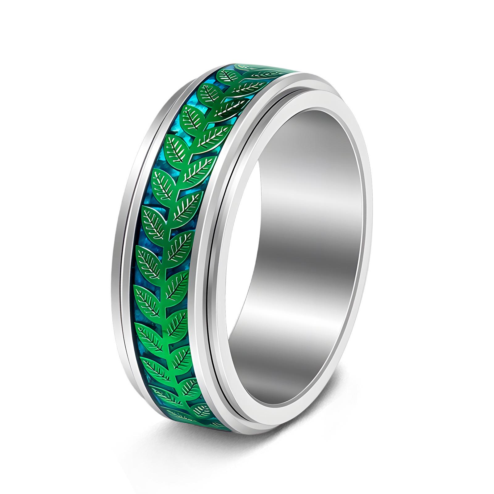 Вращающееся кольцо-декомпрессор из титановой стали с оливковым листом - Изысканное ювелирное изделие из нержавеющей стали Size 9