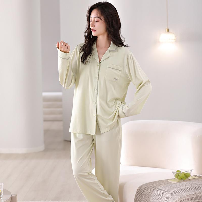 Pajamas Women'S Pure Cotton Long-Sleeved Cardigan Can Be Worn Outside With Chest Pads Loungewear Set