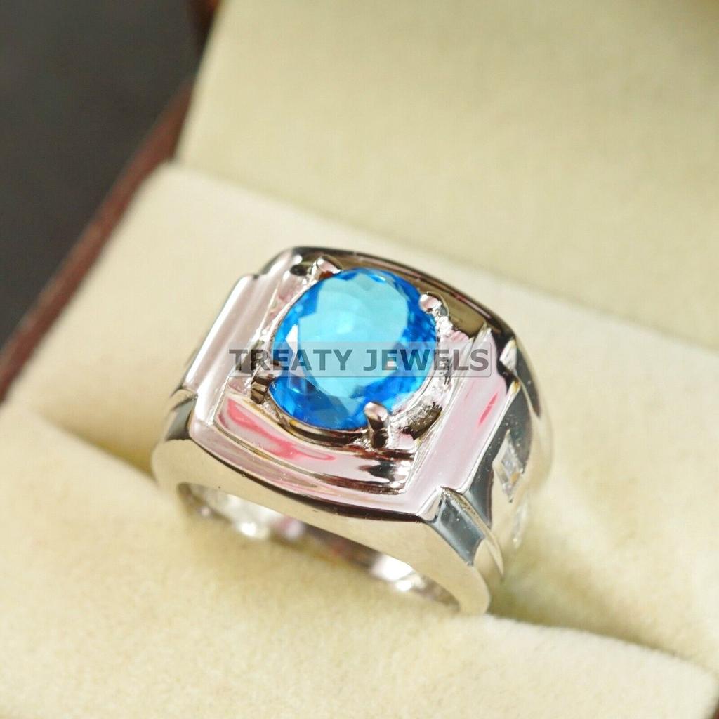 Blue Topaz Oval Cut Gemstone With 925 Sterling Silver Ring For Men's #A872 JL375669019220