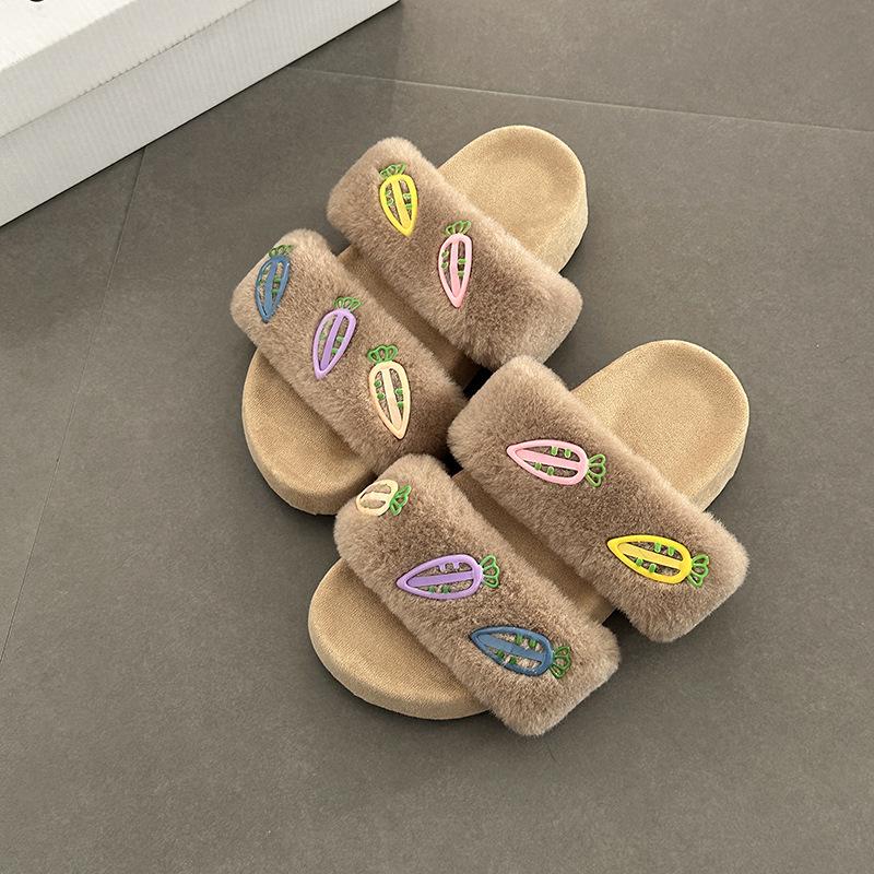 Niedliche Zehenfreie Lässige Flauschige Hausschuhe für Damen zum Tragen Herbst und Winter Mode Cartoon Karotte Zuhause Ein-Wort Baumwollhausschuhe