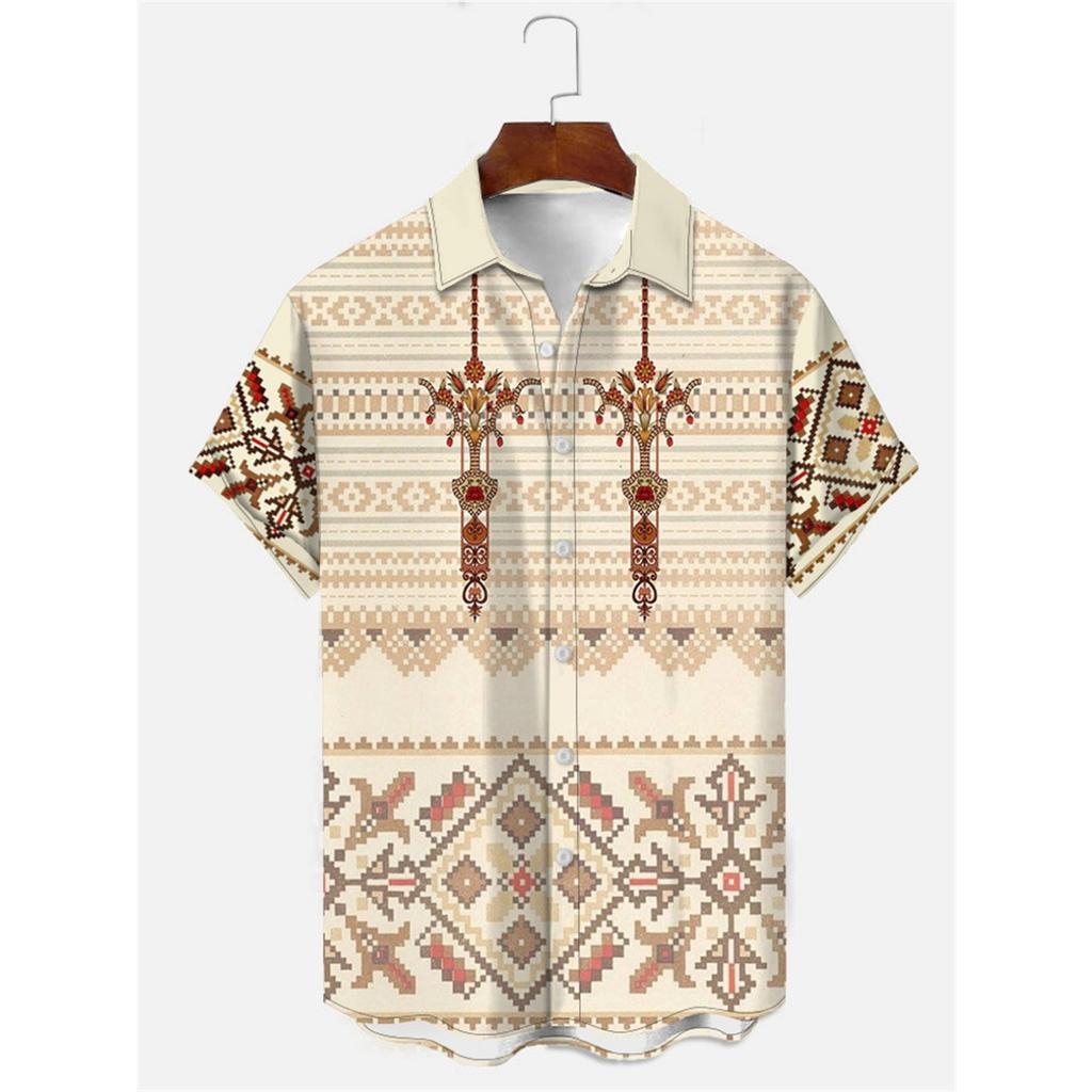 Men's Shirt Art Pattern Print Casual Shirt Short Sleeve Oversized Top Summer Vintage Flower Pattern Beach Y2k Fashion Clothing