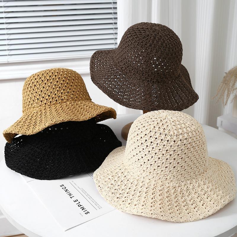 Japanese Simple Solid Color Hollow Bucket Hat Women'S Summer Thin Breathable Sunshade Eaves Foldable Sun Cap Gorras