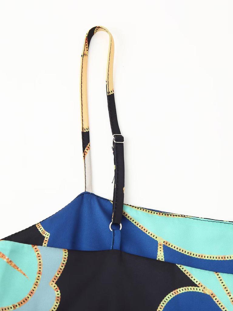 2025 Spring European & American Silk Satin Print Spaghetti Strap Dress