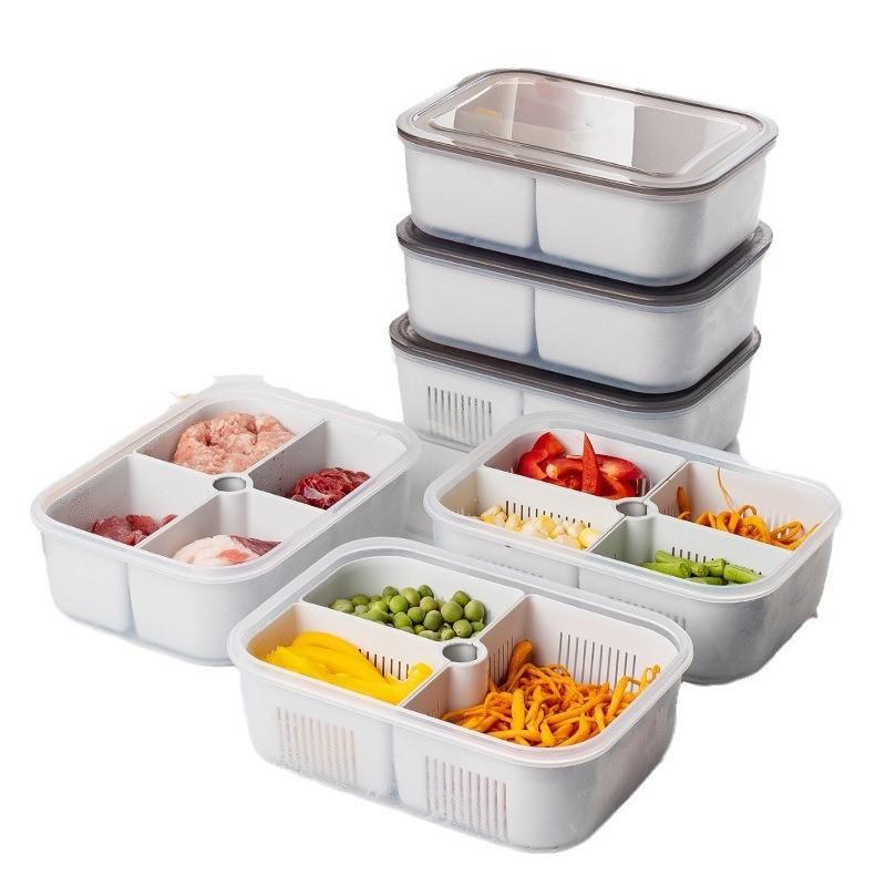 Multicompartment Plastic Food Organizer With Leakproof Seal For Refrigerator And Freezer Use