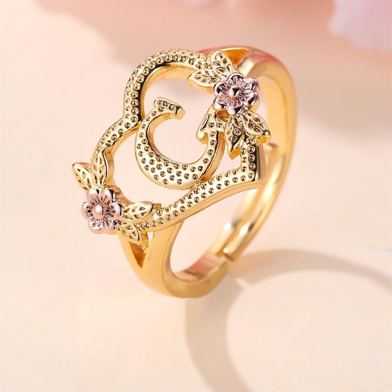 

Кольца с инициалами и цветком в форме сердца, регулируемые нежные кольца с буквами и листьями золотого цвета для женщин и девочек, ювелирные изделия с алфавитом G золотой