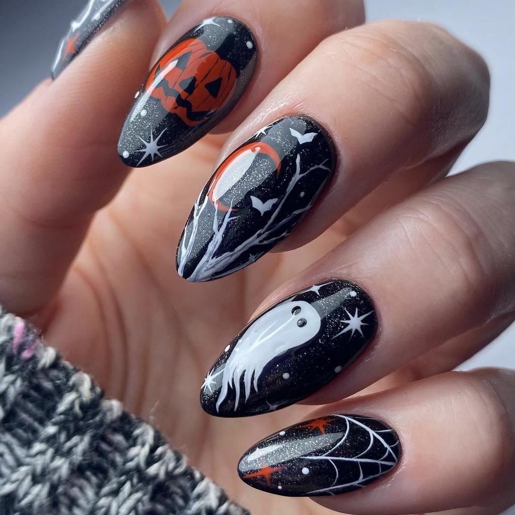 Hot Halloween Wearable Nails: Spiderweb, Heart, Rhinestone, Ghost, Stars & Moon Designs, Removable Fake Nails