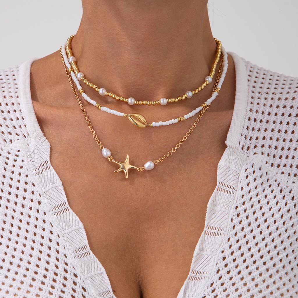 Beach Soft Pottery Imitation Pearl Stacked Gravel Necklace Women'S Irregular Shell Starfish Beaded Necklace