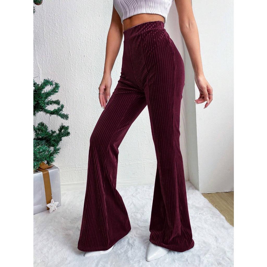 Ladies, High Waisted, Corduroy, Flared Pants, Solid Color, Casual Pants, Wide Leg Pants, Long Pants
